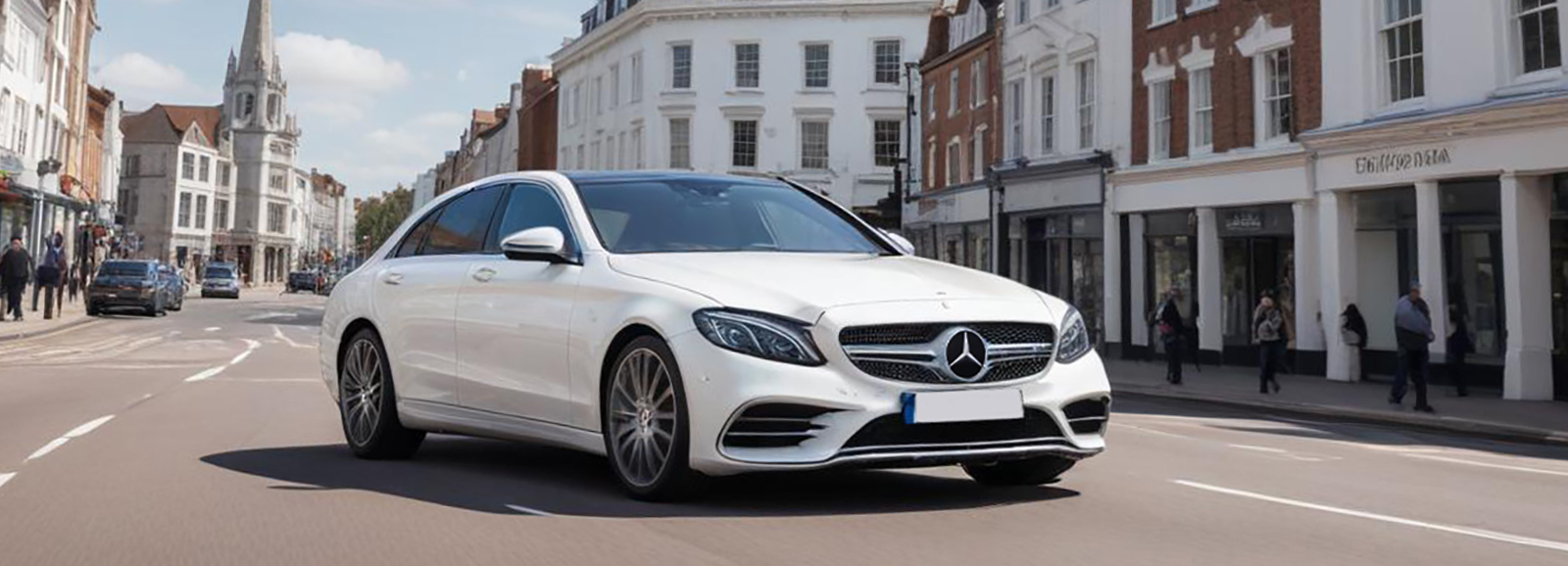 A White Luxury Mercedes-Benz E-Class Sedan car driving down a street next to tall buildings